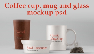 Coffee cup, mug and glass mockup psd