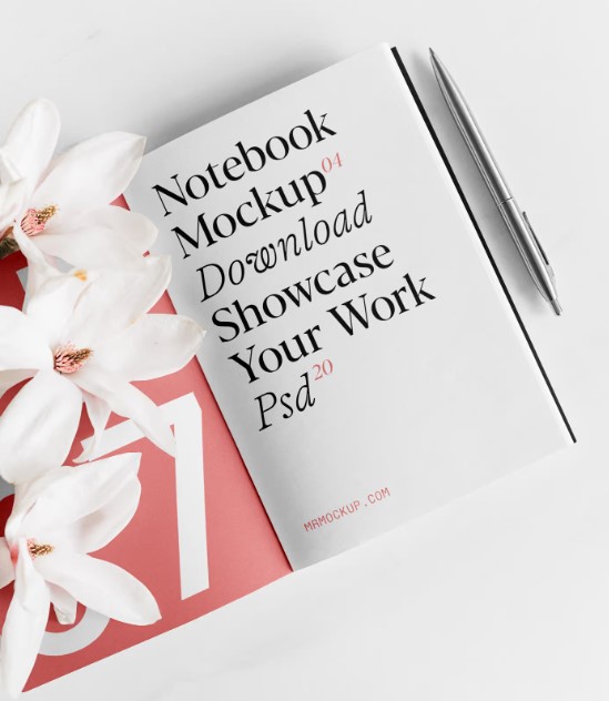 Notebook with Flowers Mockup