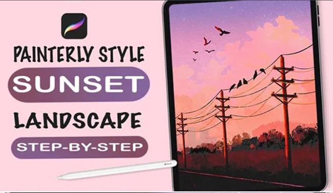 Sunset & Power Lines in Painterly Style