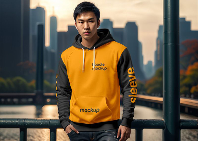 Free Asian Man in Hoodie Mockup