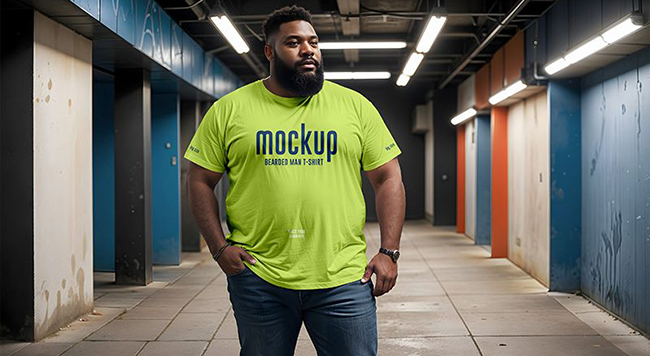 Free Bearded Man Wearing a Plus Size T-Shirt Mockup