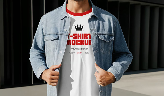Free Men in Denim Jacket Wearing T-Shirt Mockup