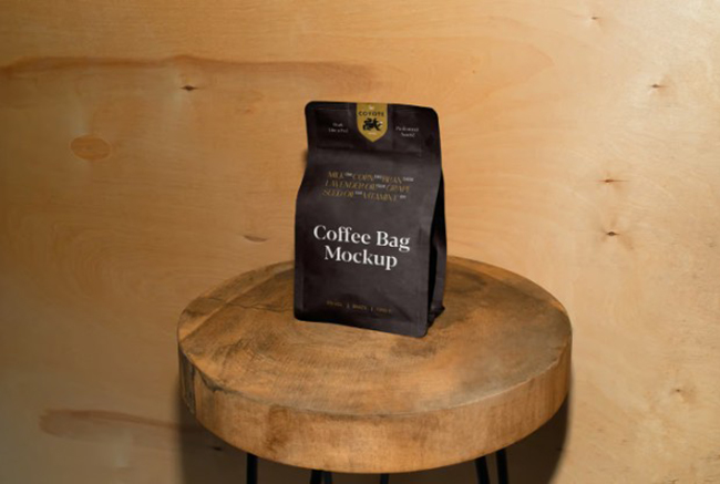 Free Paper Coffee Bag on Wooden Stool Mockup