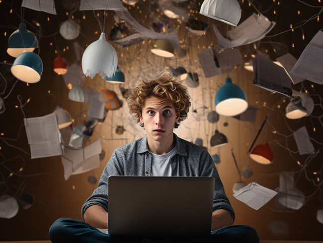 overwhelmed person at laptop before using AI workflow automation