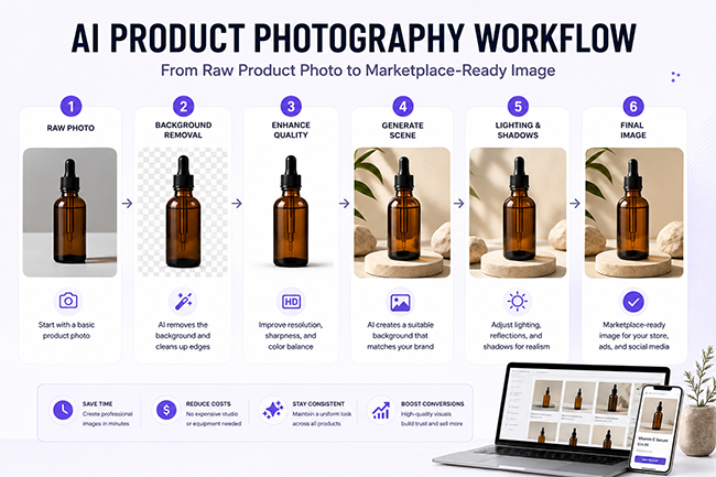 AI product photography workflow article showing a product image transformed for ecommerce
