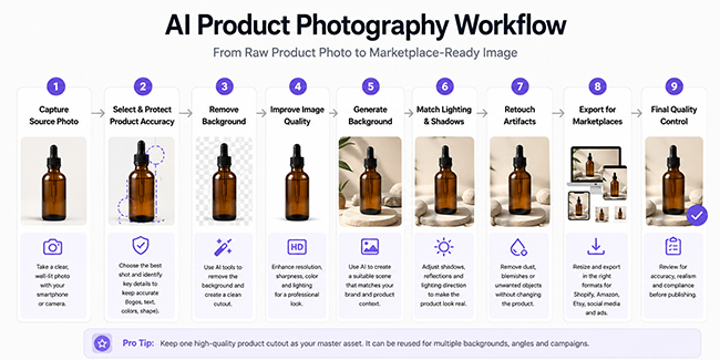 Long-form visual showing the stages of an AI product photography workflow