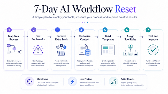 Seven day AI workflow reset for designers to simplify tools, organize processes, and improve creative results