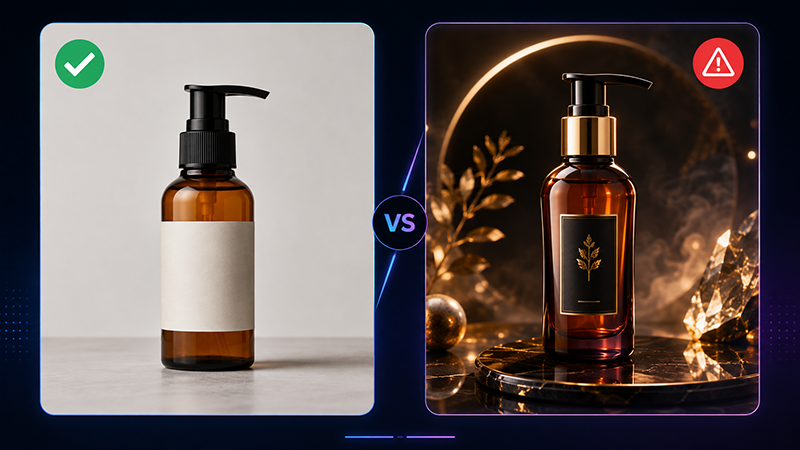 Comparison between accurate AI product photography and misleading generated ecommerce imagery