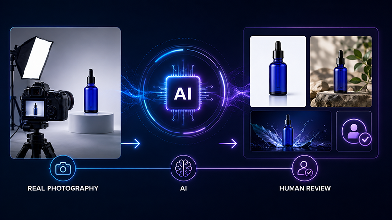 Hybrid ecommerce photography workflow combining real photography, AI generation and human review