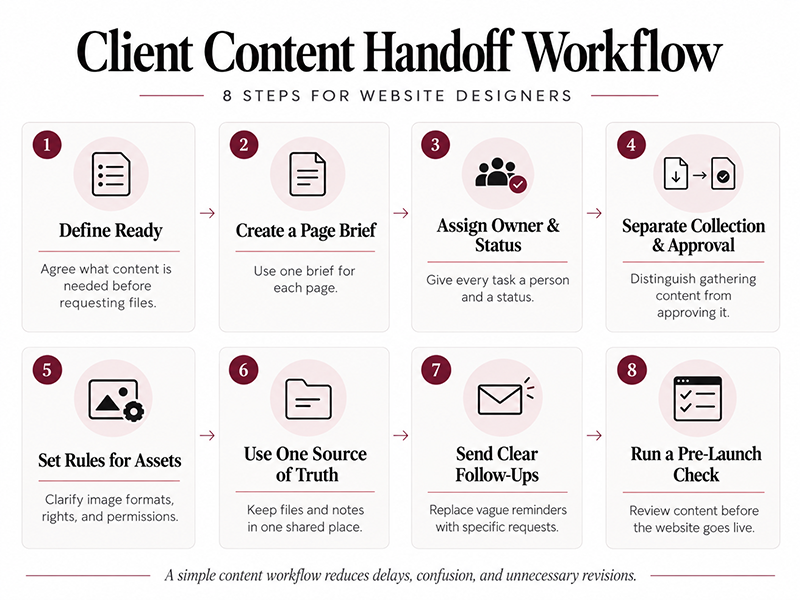 Client content handoff workflow with 8 steps for website designers