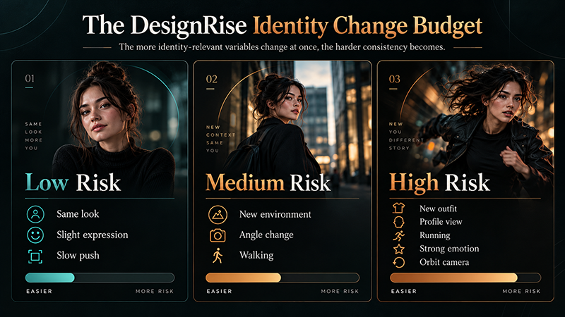 DesignRise identity change budget for AI video character consistency