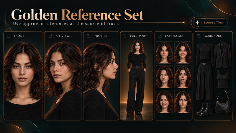 Golden reference set for consistent AI video characters
