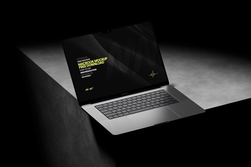 3 Dark MacBook Pro on Stand Mockups in Perspective view FREE PSD