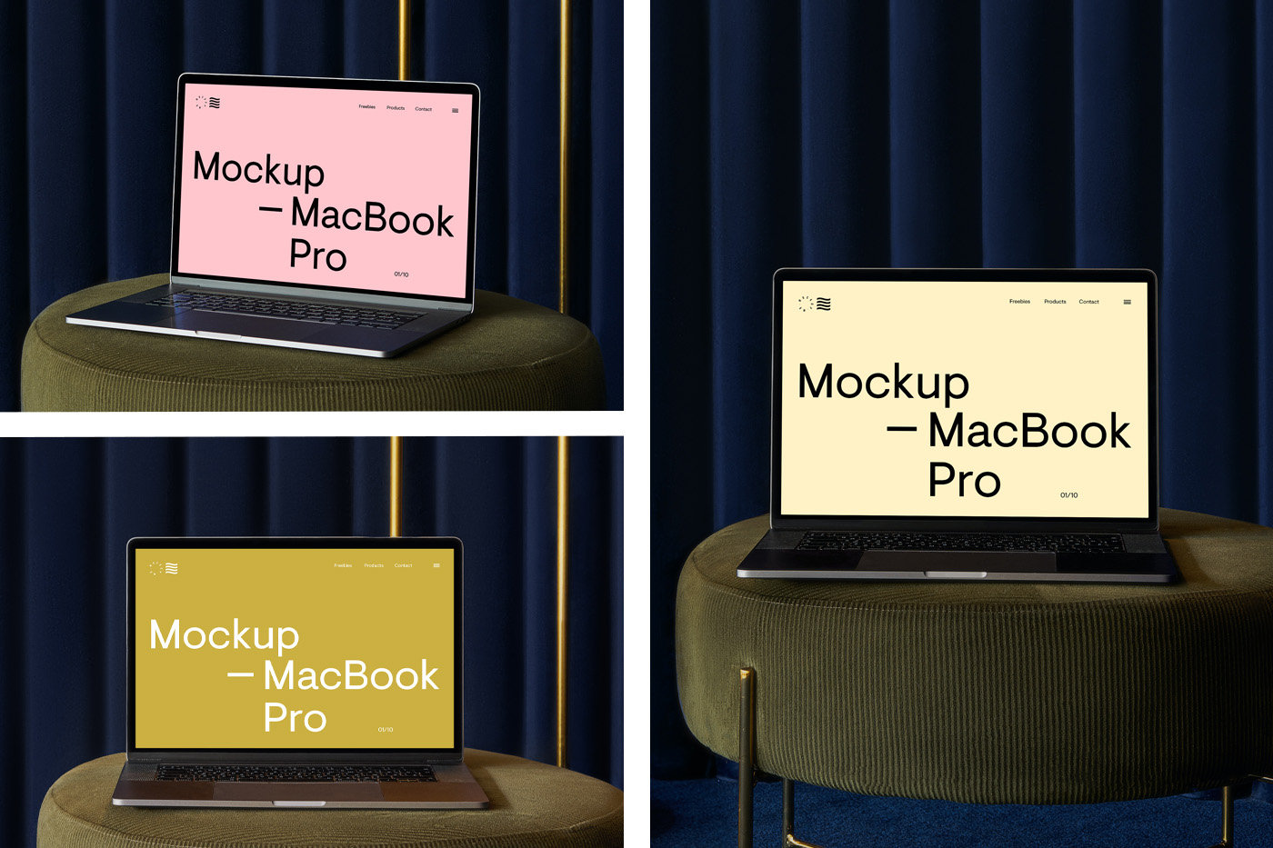 3 Visions of Apple Macbook Pro Scenes Mockups FREE PSD