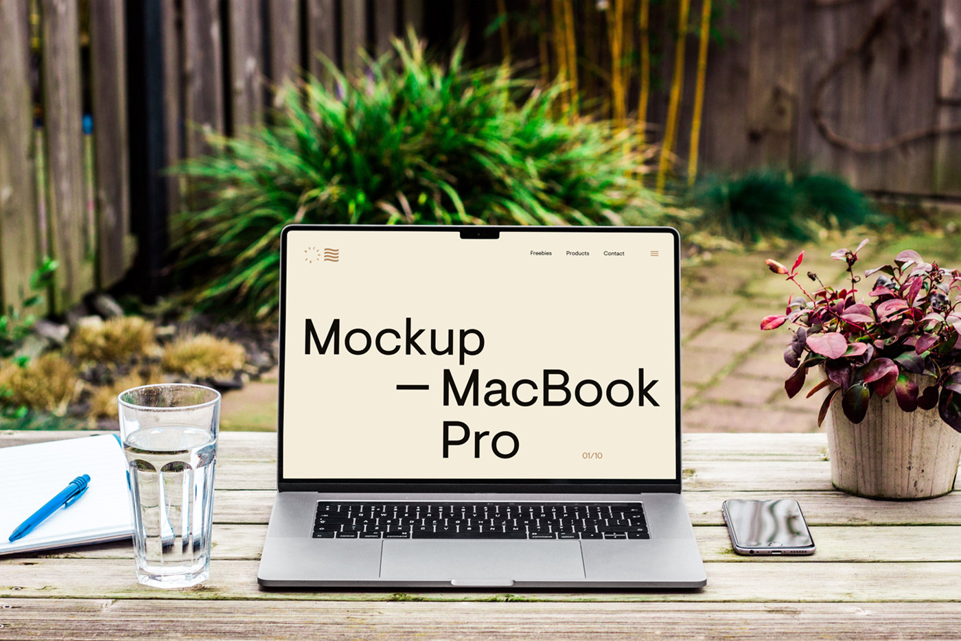 Front Shot of Macbook Pro Mockup on Wood Desk FREE PSD