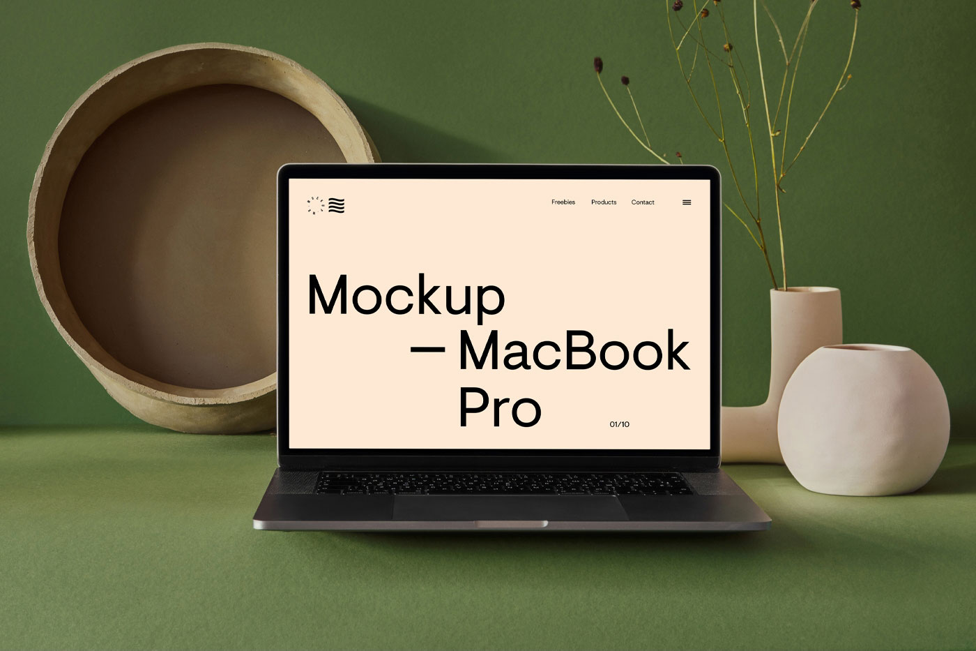 Front View MacBook Pro Mockup with Potted Background FREE PSD