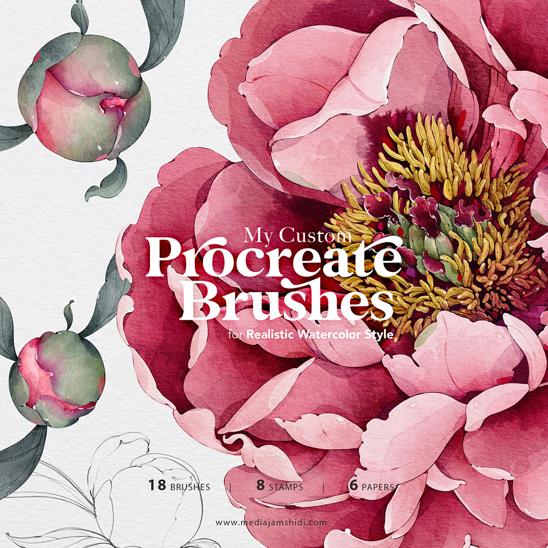 Watercolor brushes for Procreate with floral artwork preview
