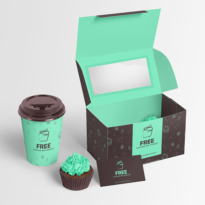 Cupcake Box, Coffee Cup and Business Card Mockup Perspective View FREE PSD