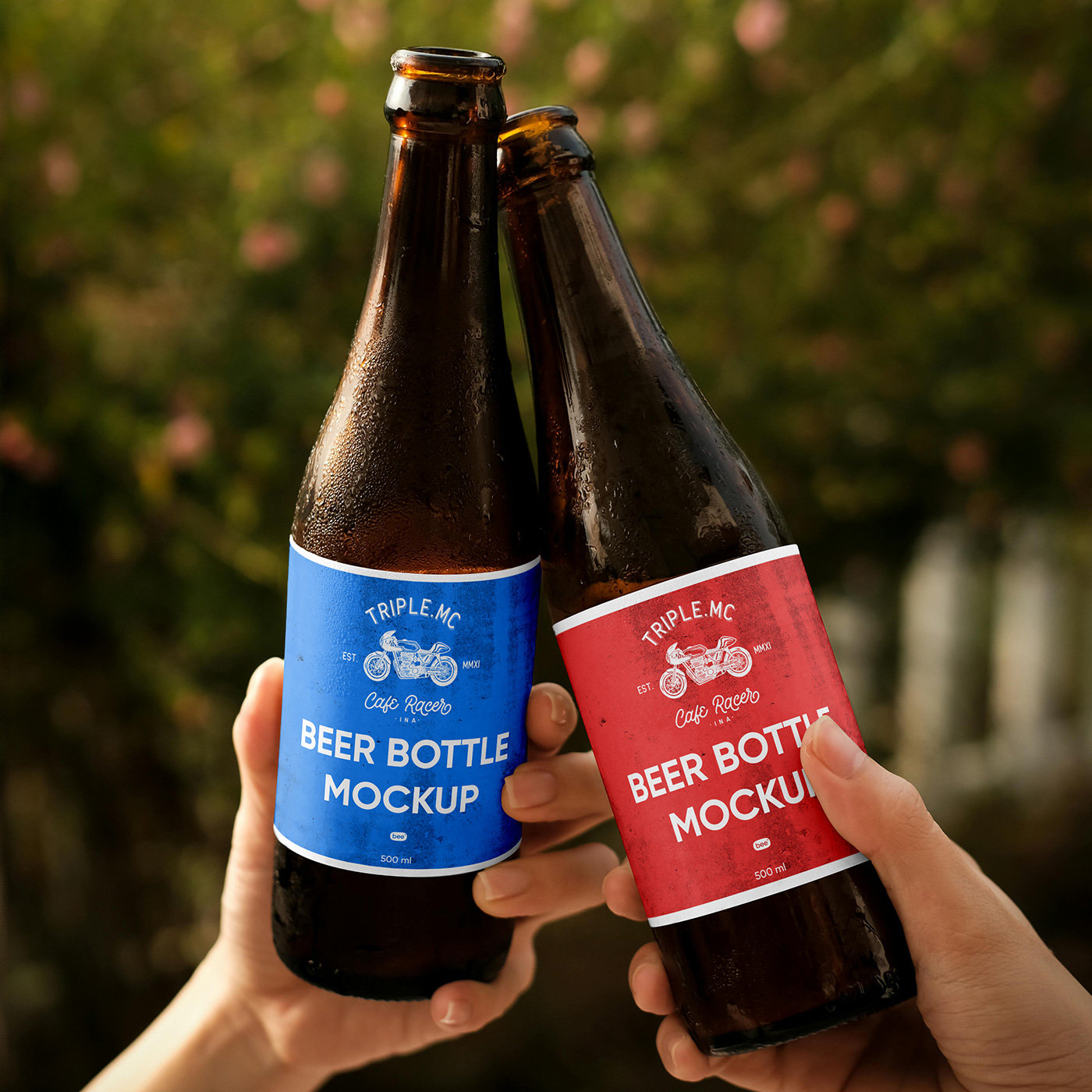 Label Mockup with 2 Beer Bottles in Hands FREE PSD