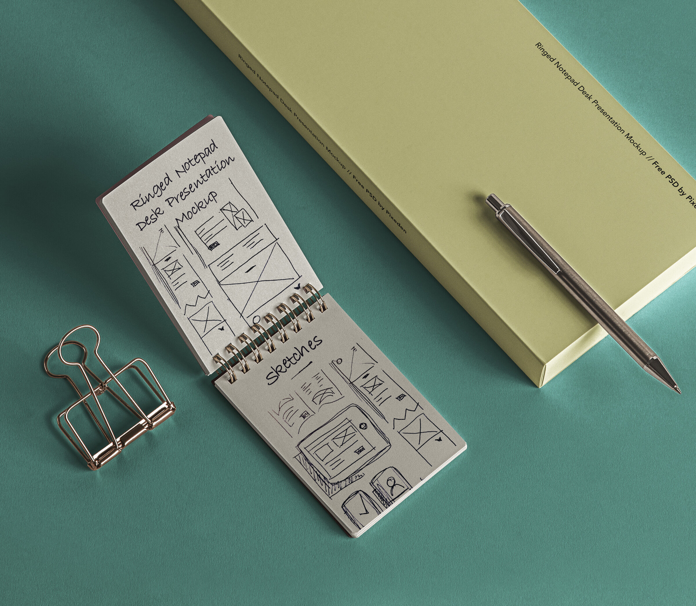 Ringed Notepad Desk with a Binder Clip Mockup FREE PSD